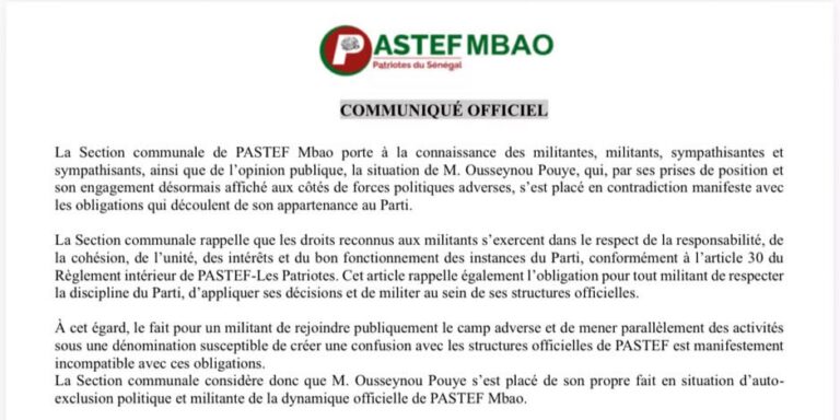 PASTEF Mbao : la section communale accuse Ousseynou Pouye d’« auto-exclusion politique et militante »